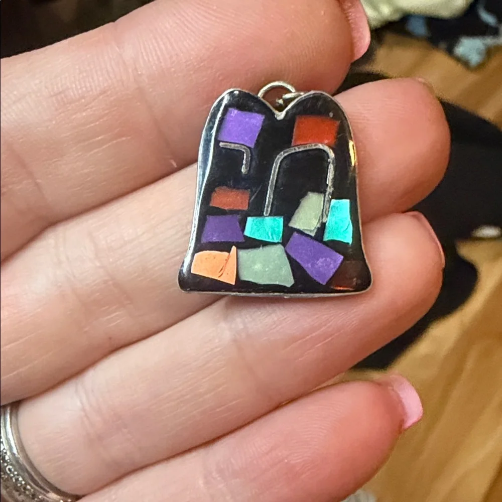 Artistic Colorful Mosaic STERLING Pendant Necklace